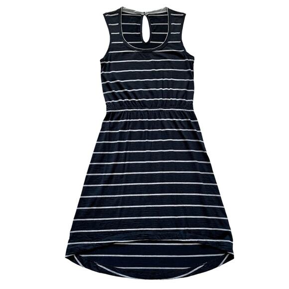 Icebreaker Crush High Low 100% Merino Wool Sleeveless Black Grey Striped Dress S - Picture 1 of 16